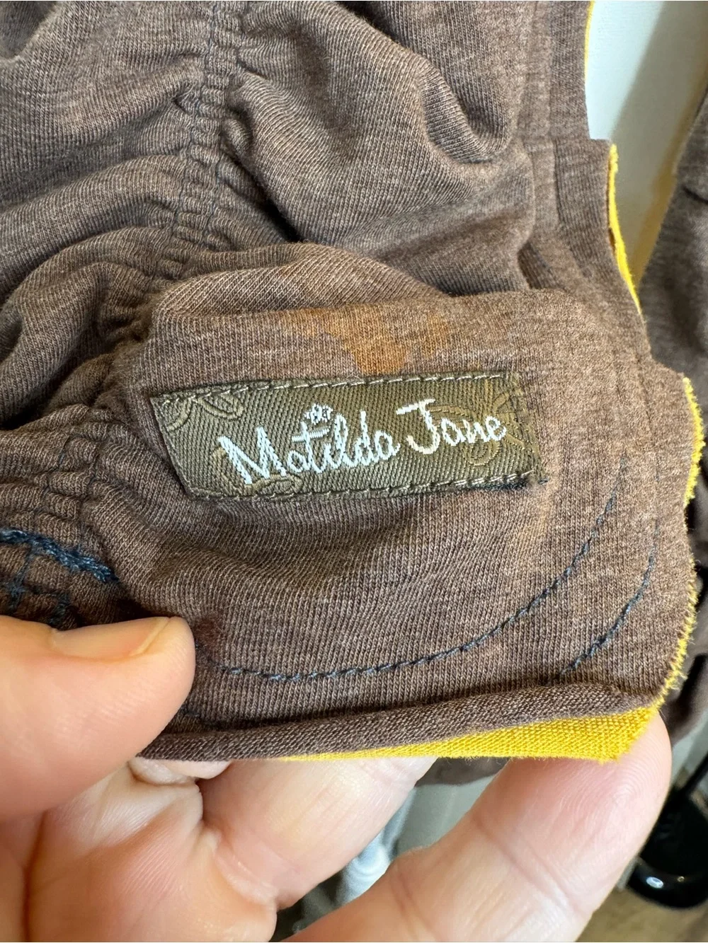 Matilda Jane Chocolate Brown Ruffle Jersey Scarf Mustard Reverse 7x85 Boho